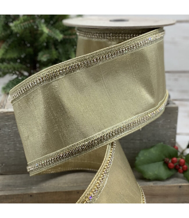 4“ x 5yds Faux Metallic Dupion Crystal Side Trim, 18kt Gold Ribbon