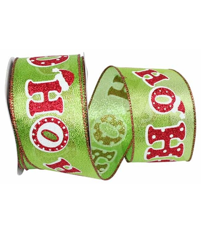 Ho-ho-ho Glitter Metallic Lame Wired Edge Ribbon - Lime/Red