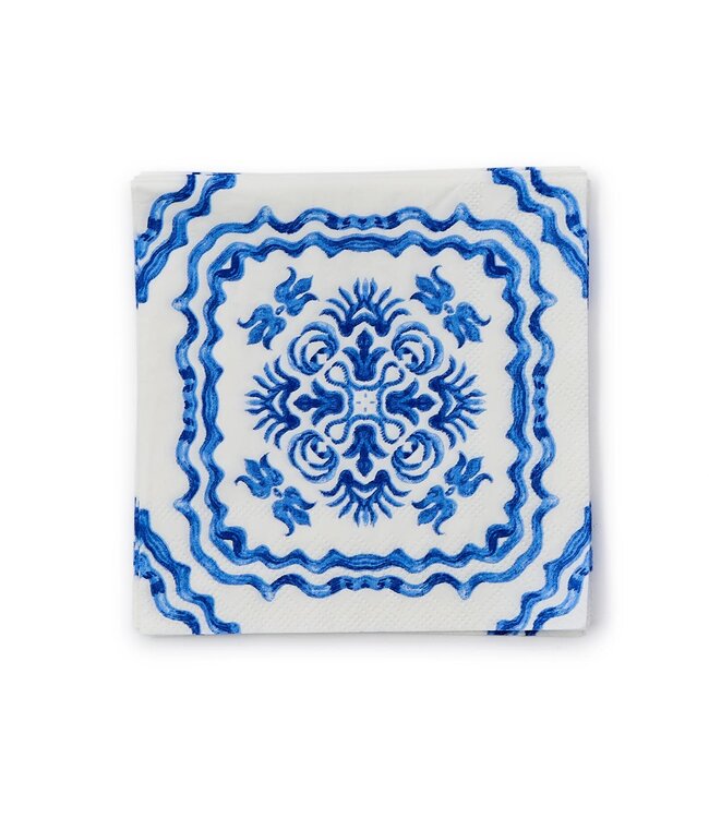 Blue Tile Block Print 3-Ply Paper Cocktail Napkin
