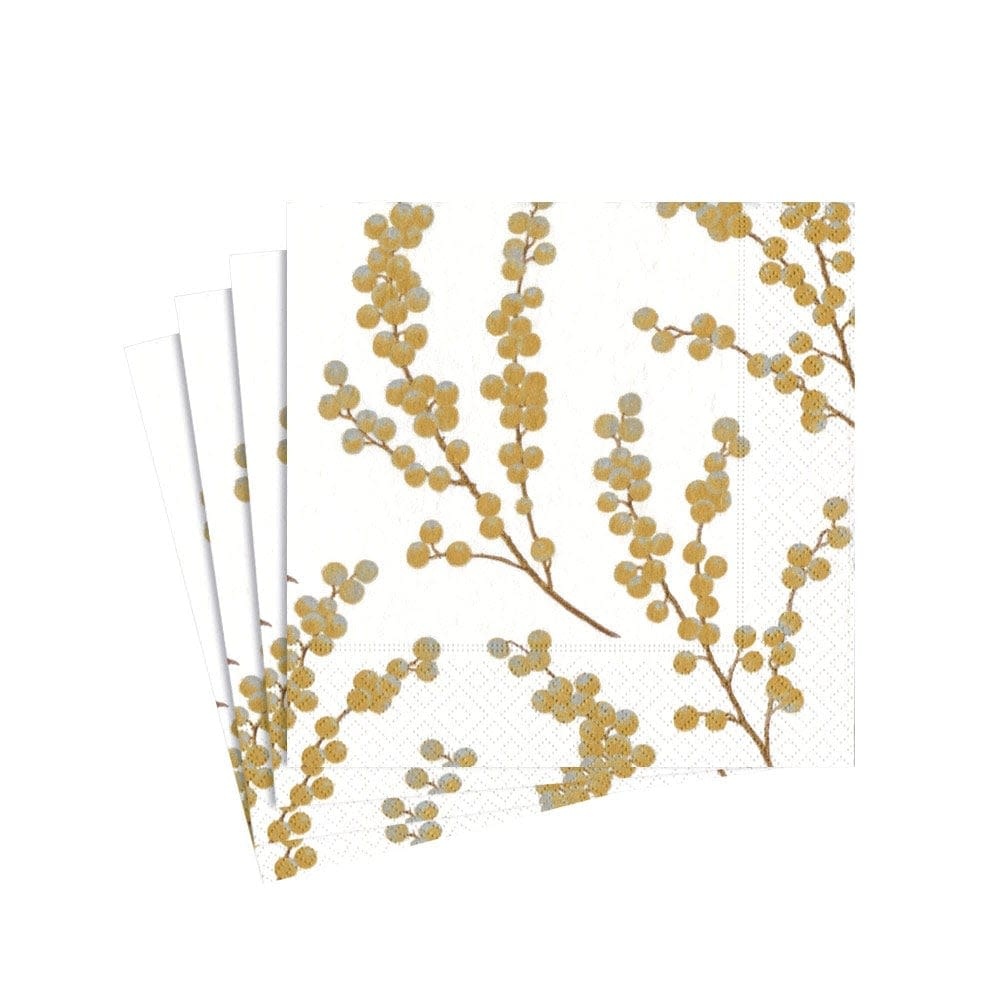 Cocktail Napkin Berry Branches White/Gold Amber Marie and Company