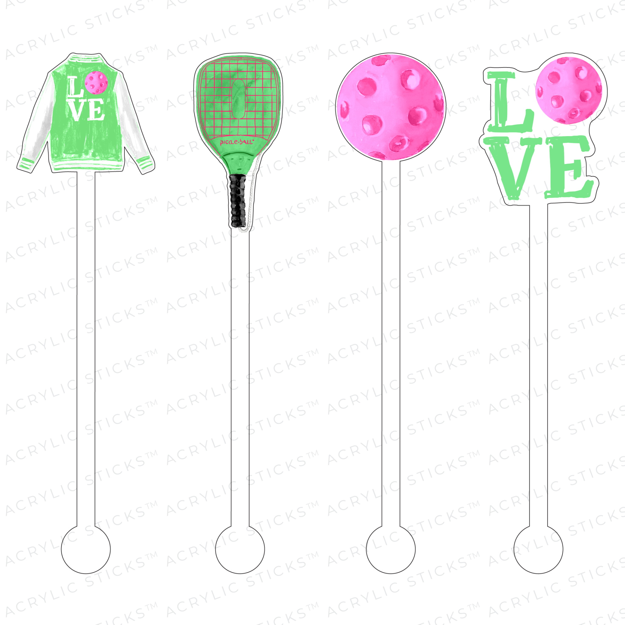 Pickleball Hot Pink & Lime Acrylic Stir Sticks Combo Sold as Set