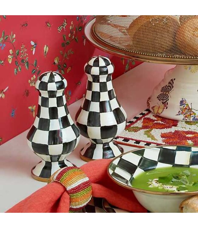 MACKENZIE CHILDS Courtly Check Enamel Large Salt & Pepper Shakers Set