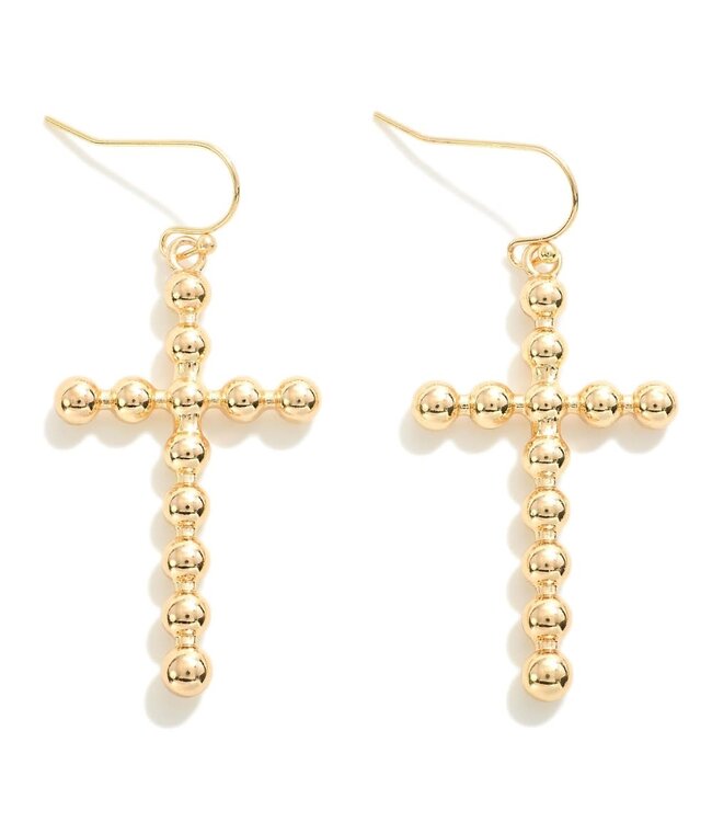 Fixed Metal Bead Cross Drop Earring - Gold