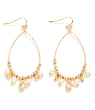 Metal Tone Beaded Wire Loop Drop Earrings - Gold