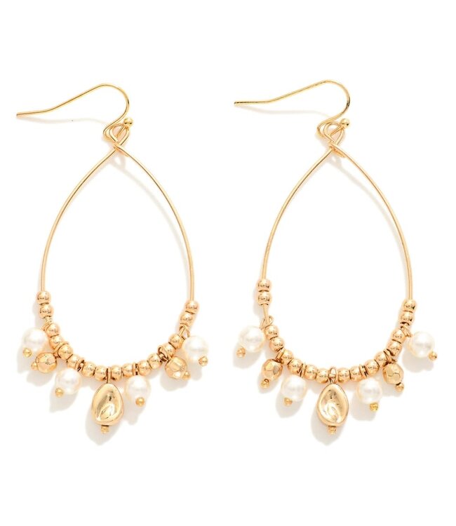 Metal Tone Beaded Wire Loop Drop Earrings - Gold