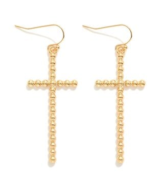Metal Tone Bead Cross Drop Earrings - Gold