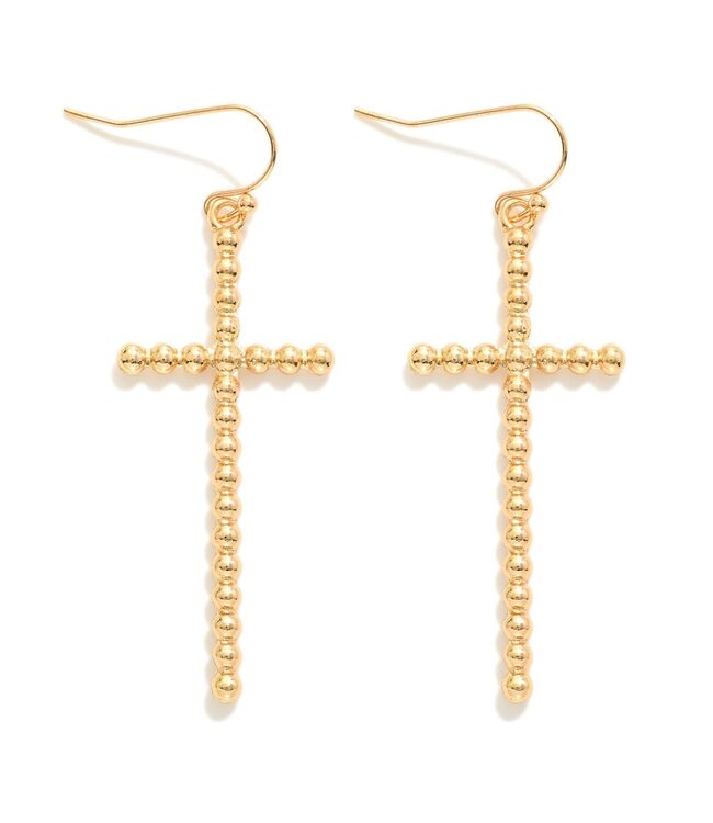 Metal Tone Bead Cross Drop Earrings - Gold