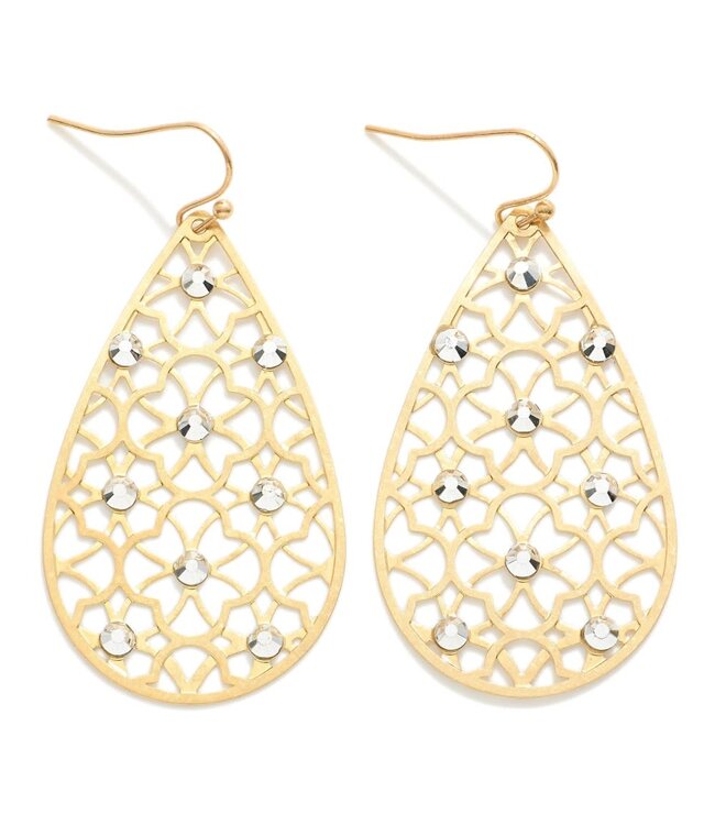 Rhinestone Studded Quatrefoil Lattice Drop Earrings - Gold/Silver
