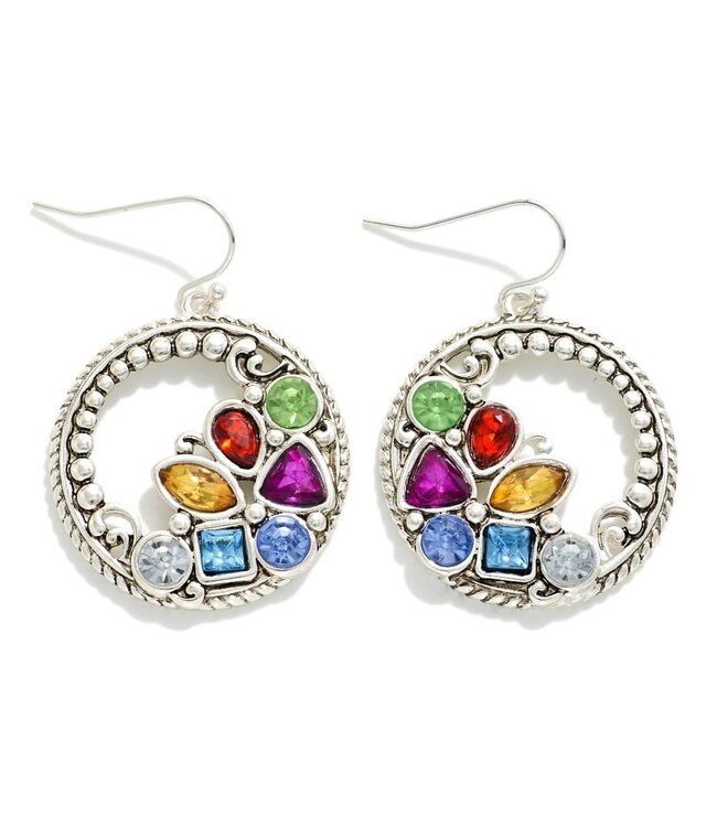 Rhinestone Studded Silver Tone Metal Hoop Drop Earrings