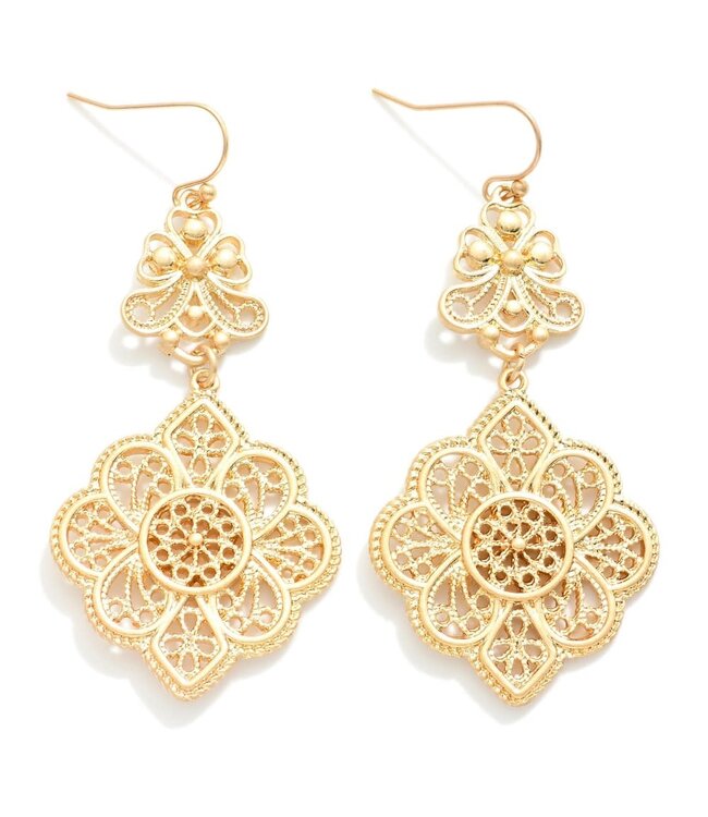Linked Metal Filigree Drop Earrings - Gold