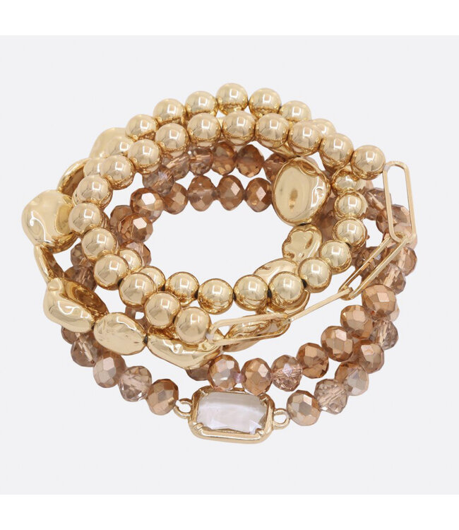 Rectangle Charm Beaded Bracelet Set - Gold