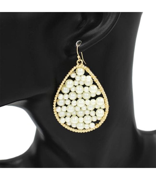 Metal Teardrop Pearl Dangle Earring - Gold Cream