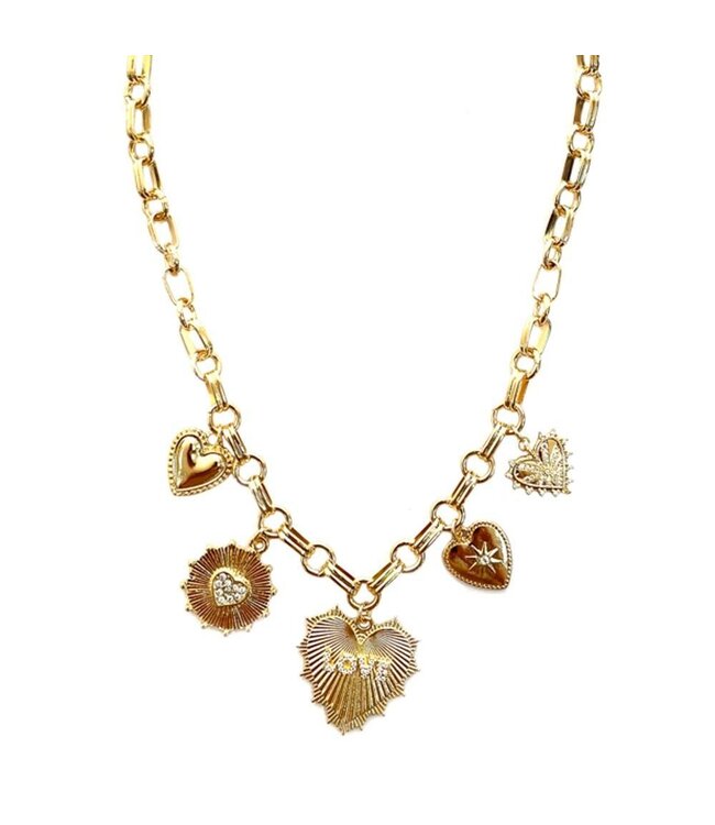Metal Heart Multi Charm Necklace - Gold