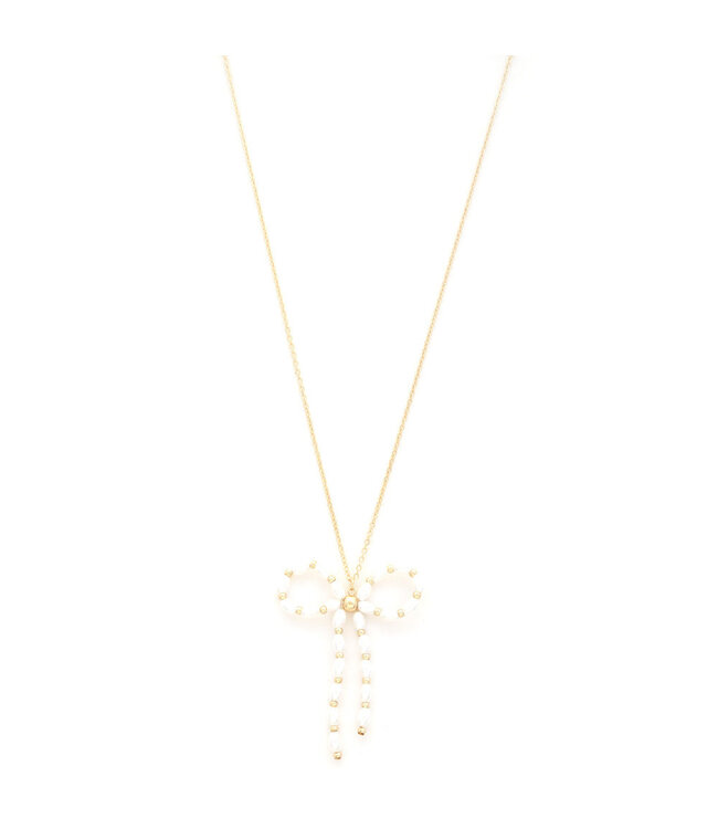 Pearl Bow Pendant Necklace - Gold White