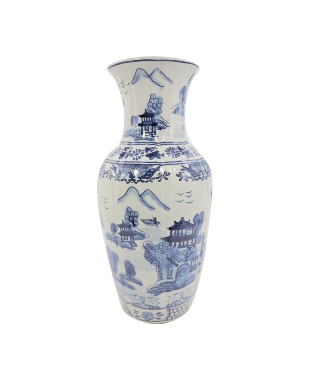 18" Blue & White Chinoiserie Ceramic Table Vase