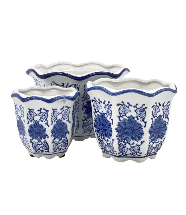 Ceramic Chinoiserie Planter Pot Round Hexagon Pot Scalloped Edge - Sold Individually