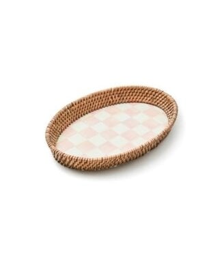 MACKENZIE CHILDS Rosy Check Small Enamel & Rattan Serving Tray