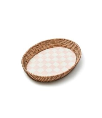 MACKENZIE CHILDS Rosy Check Large Enamel & Rattan Serving Tray