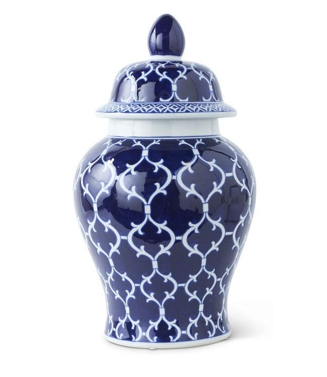 18 Inch Blue & White Quatrefoil Lidded Ceramic Ginger Jar