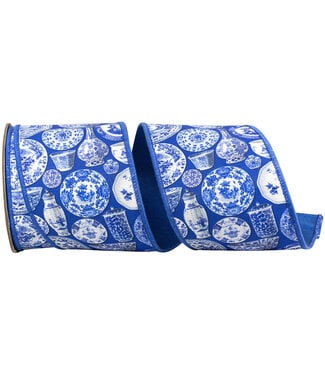 4 Inch Terra Cotta Ceramics Chinoiserie Twill Deluxe Dupioni Backed Wired Edge Ribbon