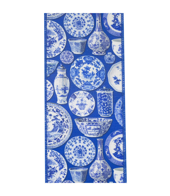 4 Inch Terra Cotta Ceramics Chinoiserie Twill Deluxe Dupioni Backed Wired Edge Ribbon