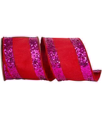4 Inch Jumbo Glitter Striped Edge Dupioni - Red/Fucshia