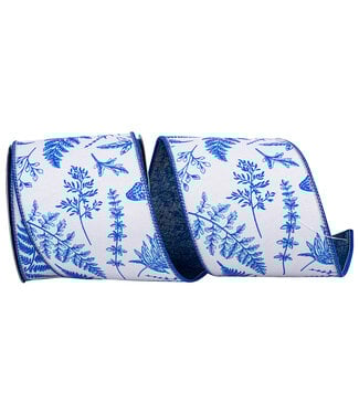 4 Inch Ferns & Branches Wired Edge - White/Blue