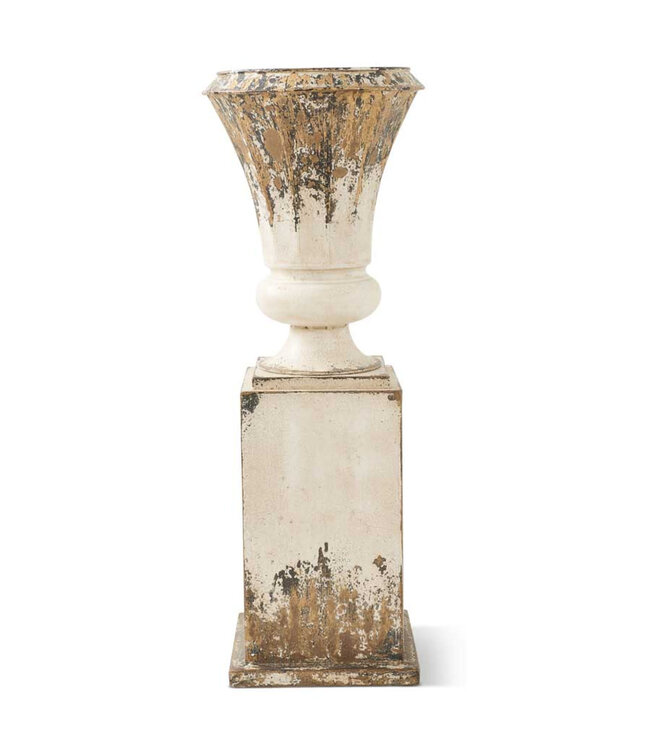 32 Inch White and Gold Washed Metal Urn on Stand