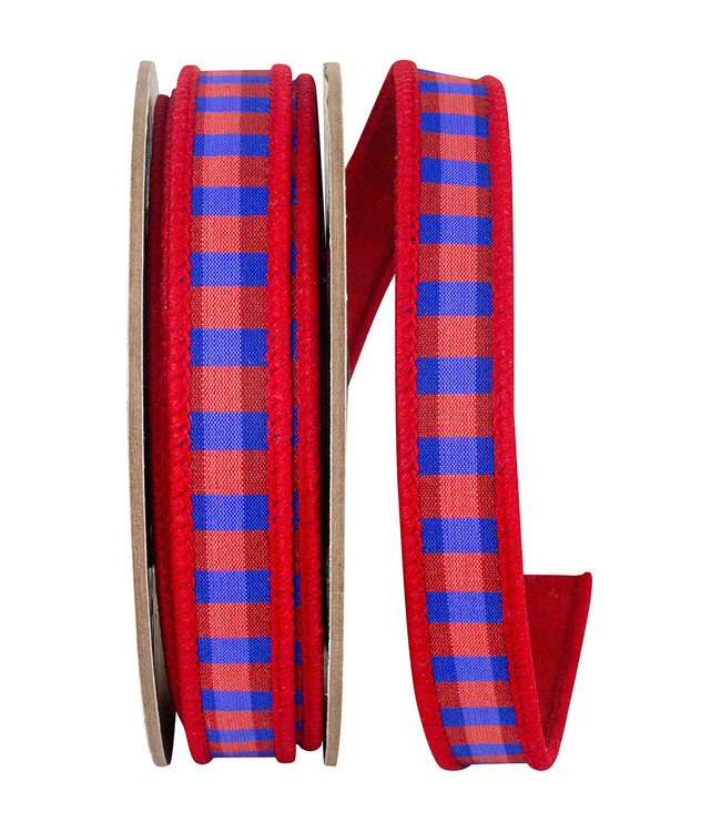 7/8 Inch Check Deluxe Red Dupioni Backed - Red/Blue