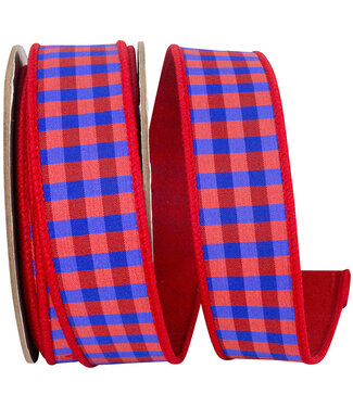 1.5 Inch Check Deluxe Red Dupioni Backed Wired Edge - Red/Blue