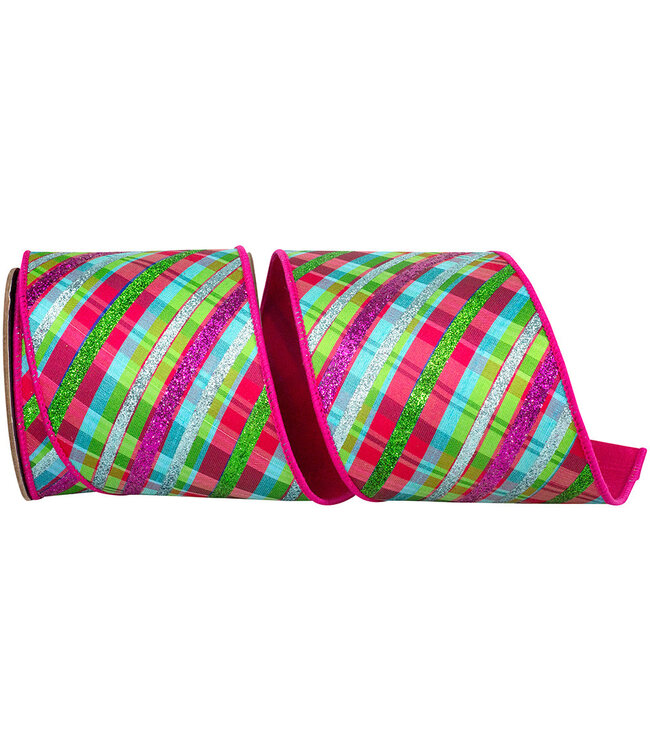 4 Inch Glitter Diagonal Bright Plaid Deluxe Backed - Fuchsia