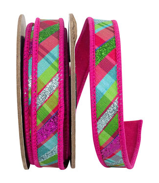 7/8 Inch Glitter Diagonal Bright Plaid Deluxe Backed - Fuchsia