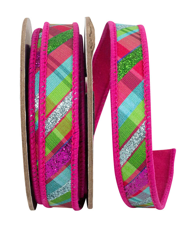 7/8 Inch Glitter Diagonal Bright Plaid Deluxe Backed - Fuchsia
