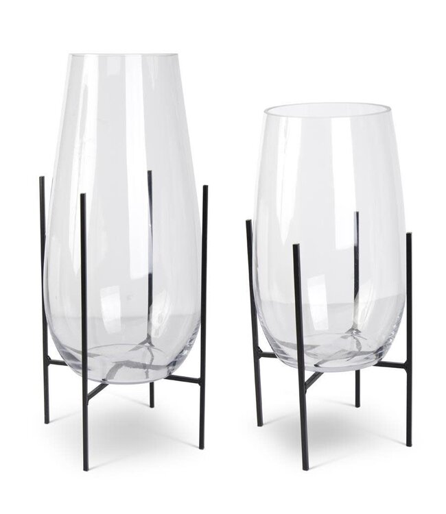 Clear Glass Floating Vase on Dark Metal Stand