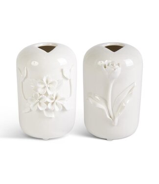 Tall White Ceramic Vase with Raised Flower