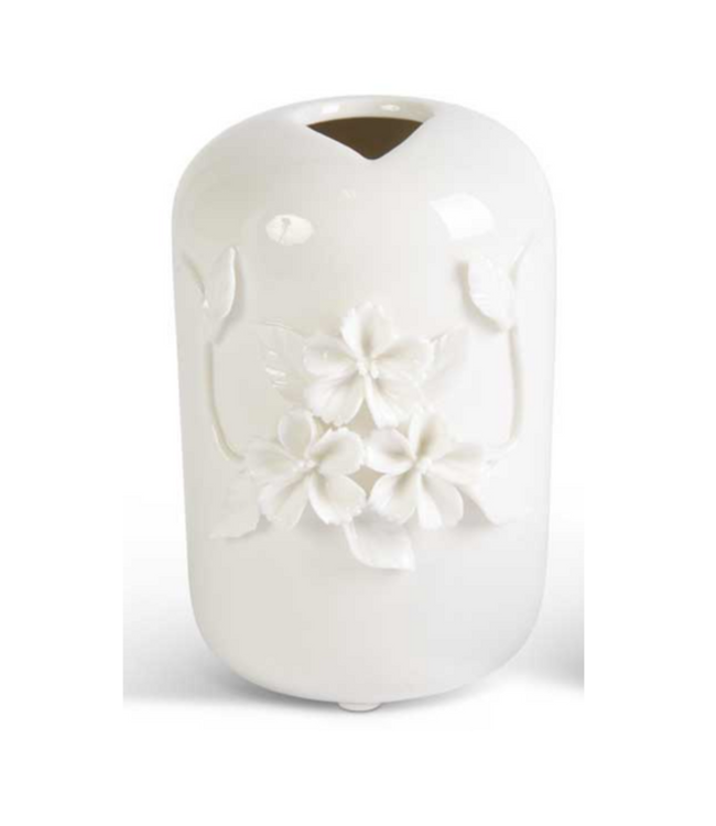 Tall White Ceramic Vase with Raised Flower