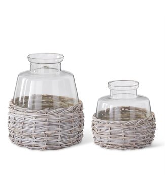 Clear Glass Vase in Woven Whitewashed Rattan Basket