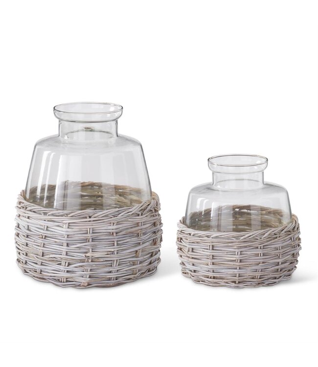 Clear Glass Vase in Woven Whitewashed Rattan Basket