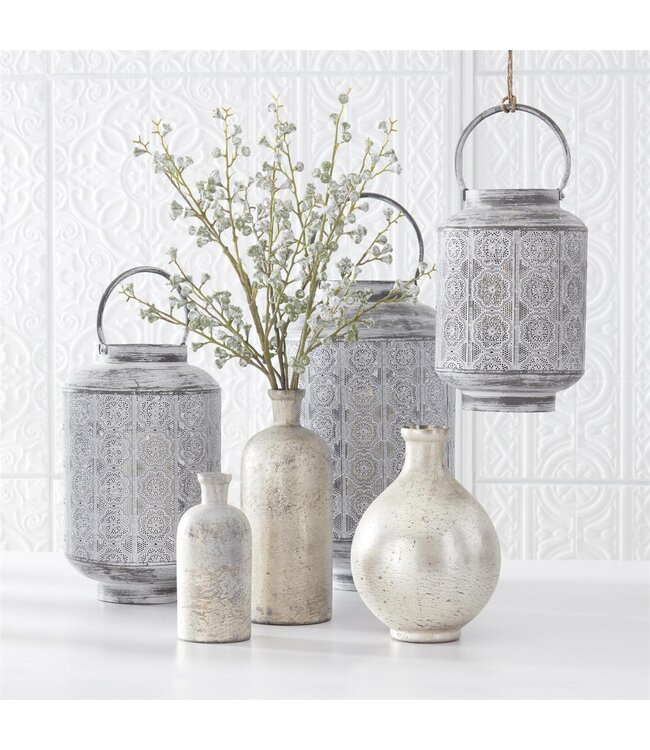 Whitewashed Medallion Punched Metal Lantern with Candle Lift