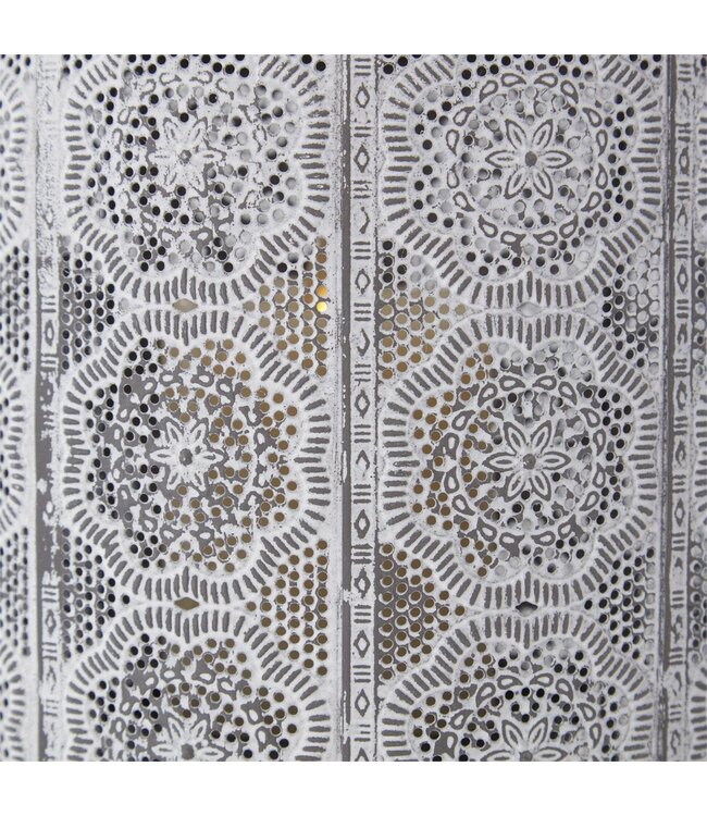 Whitewashed Medallion Punched Metal Lantern with Candle Lift
