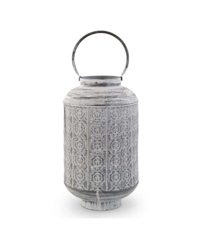 Whitewashed Medallion Punched Metal Lantern with Candle Lift