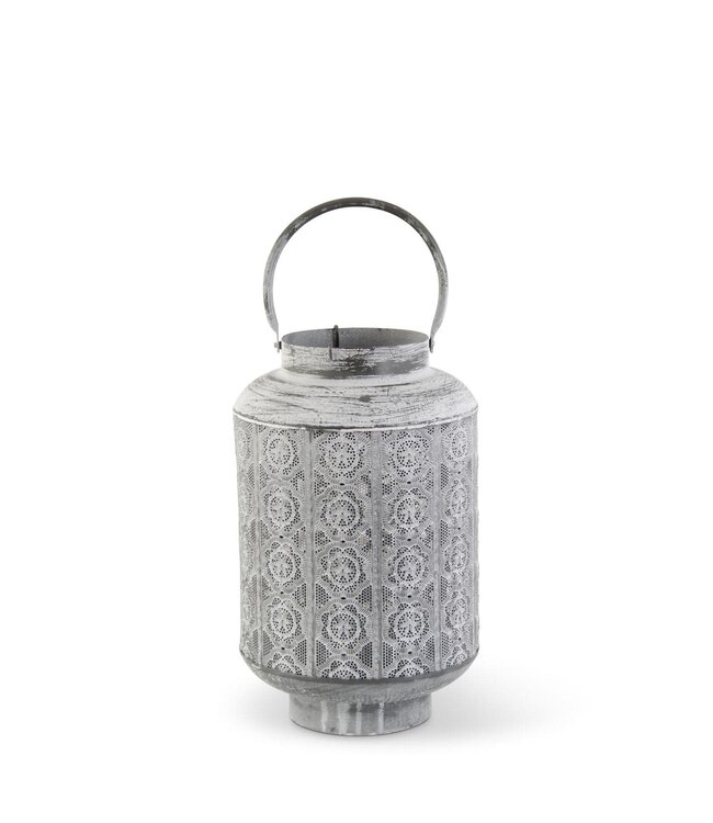 Whitewashed Medallion Punched Metal Lantern with Candle Lift