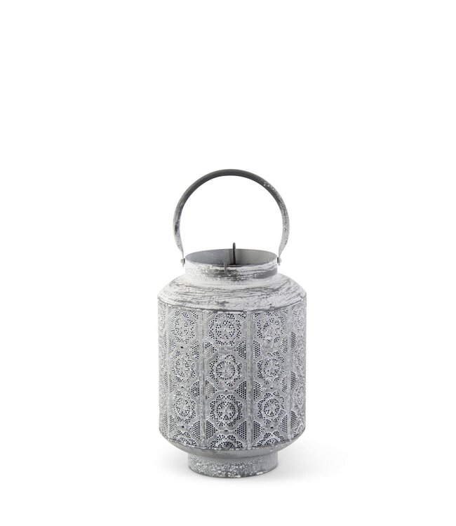 Whitewashed Medallion Punched Metal Lantern with Candle Lift