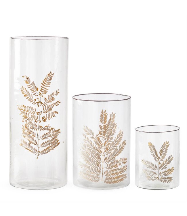 Clear Textured Glass Cylinder with Dried Leaf Applique