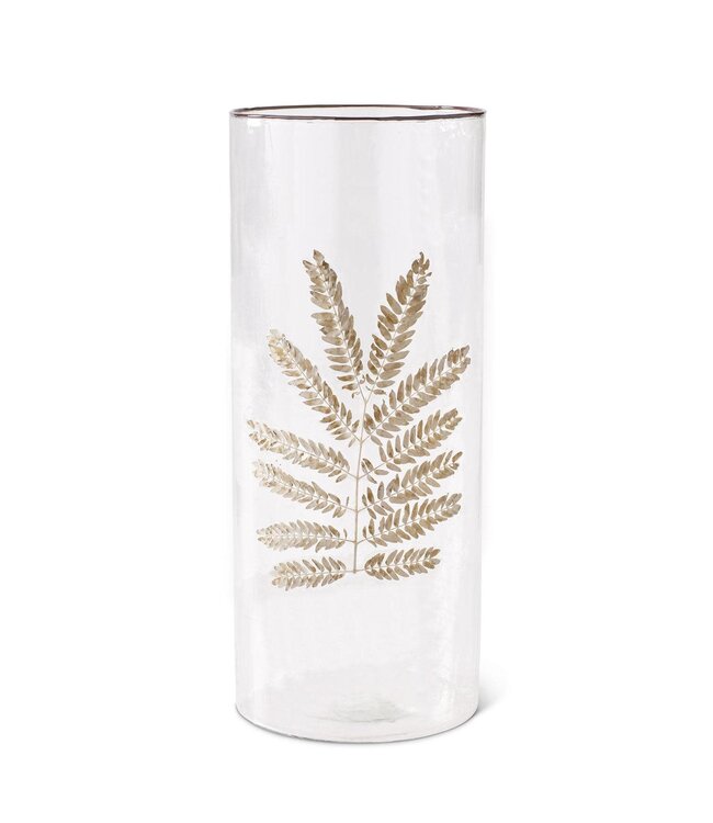 Clear Textured Glass Cylinder with Dried Leaf Applique