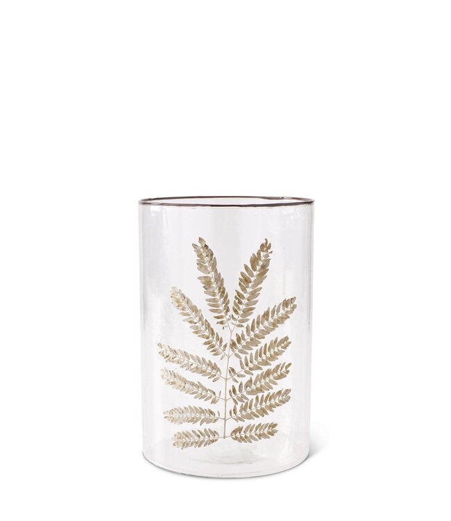 Clear Textured Glass Cylinder with Dried Leaf Applique