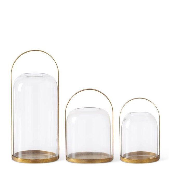 Round Gold Metal Lantern Candleholder with Glass Domed Hurricane