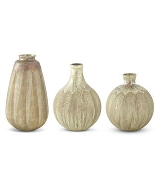 Feather Etched Tarnished Champagne Painted Glass Vase