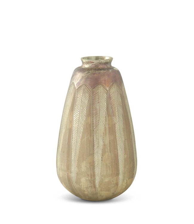Feather Etched Tarnished Champagne Painted Glass Vase