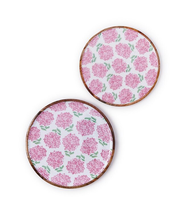 Hydrangea Hand-Crafted Wood Round Tray - Pink